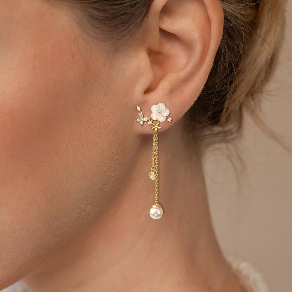 Pearl Drop Earrings Women Dangle Chain CZ Gold Statement Jewelry - Picture 5 of 6